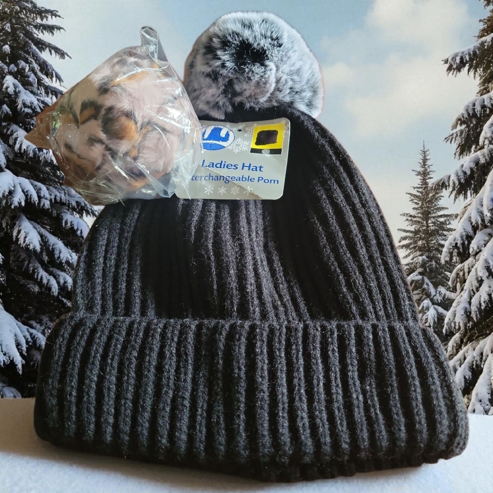 NWT Ladies Women's Interchangeable Pom Pom Black Knit Beanie Hat Leapard Gray